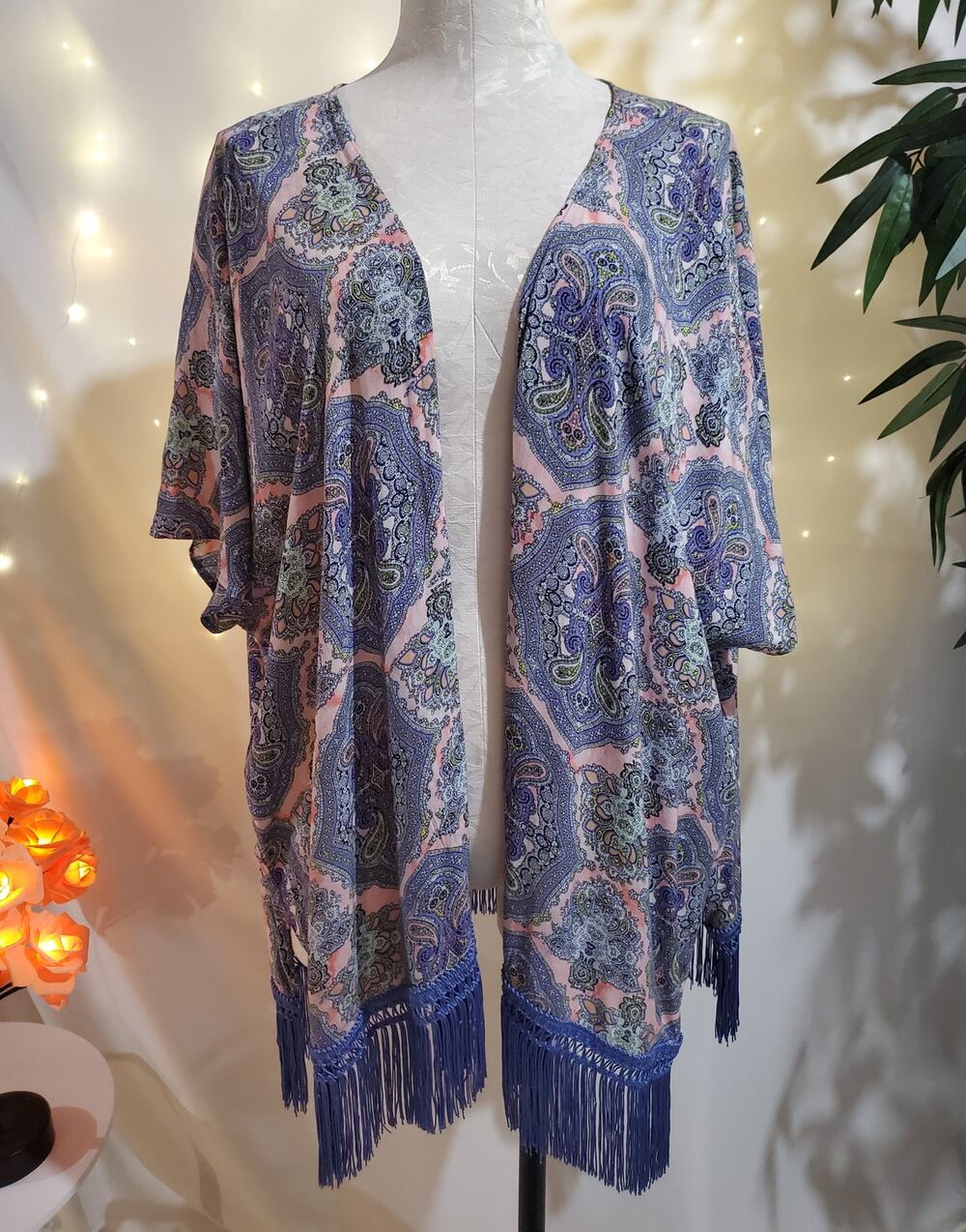 Victoria's Secret Swim Paisley Fringe Kimono Coverup Womens Size M/L Hippie Boho
